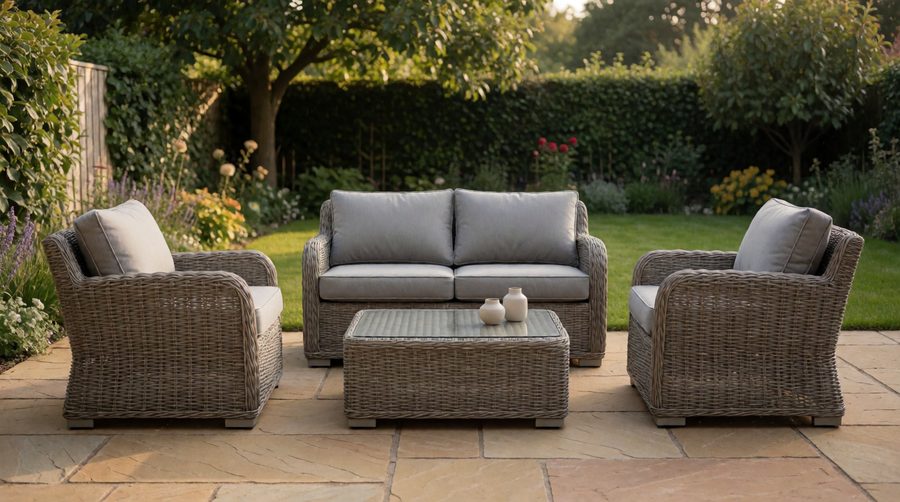 4 seater rattan garden furniture: a grey rattan loveseat, two armchairs and a glass-topped coffee table on a sandstone patio