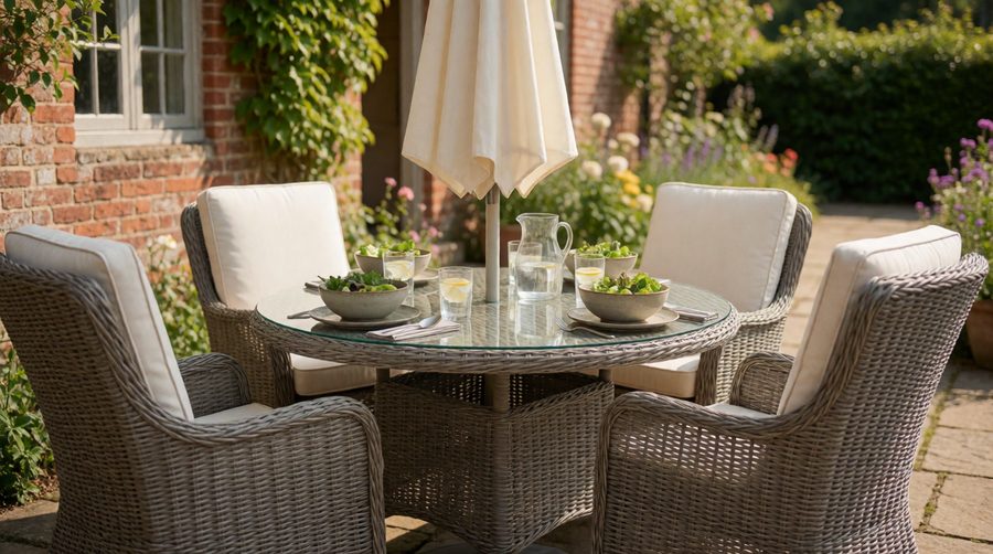 4 seater rattan dining set: round glass-top table, four high-back armchairs and a cream parasol on a garden patio