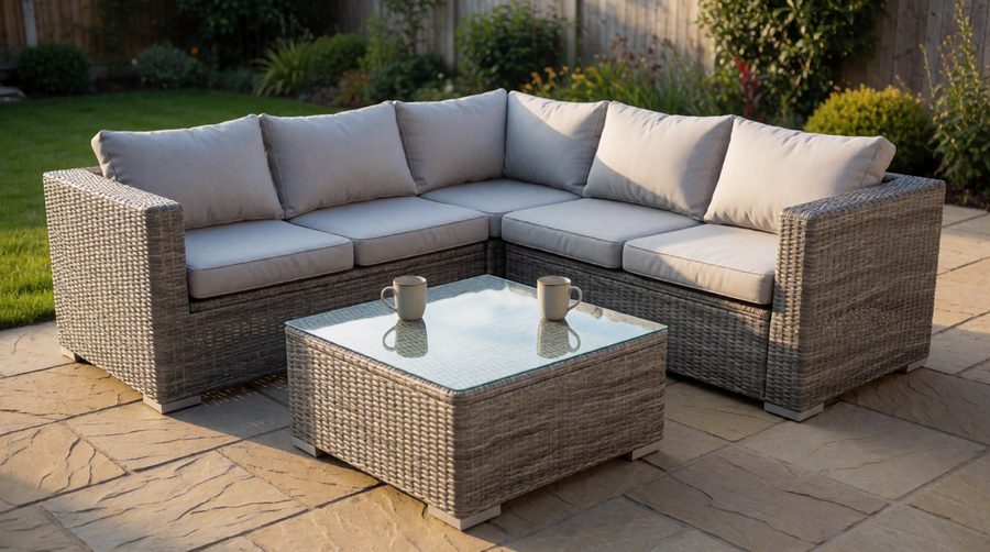 Grey rattan corner sofa with light grey cushions and a glass coffee table on a sandstone patio