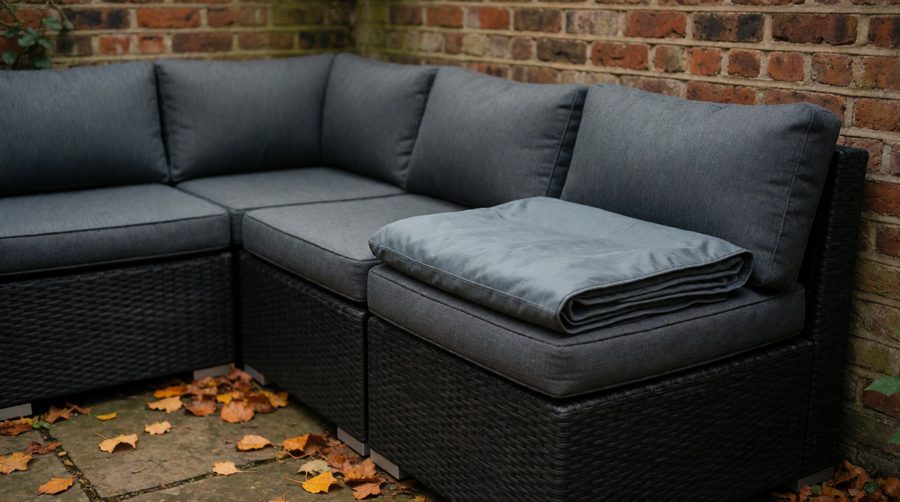 Dark grey rattan corner sofa in a courtyard garden with a furniture cover ready for winter