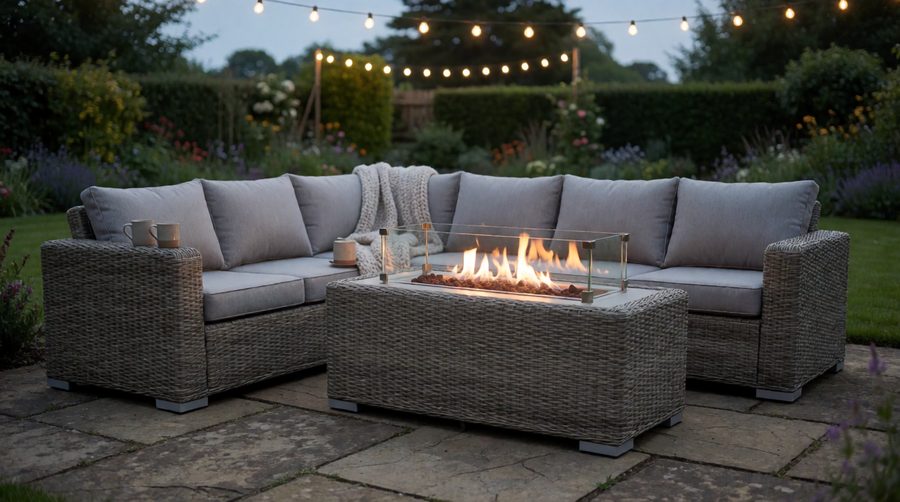 Rattan garden furniture with fire pit: a grey corner sofa set around a lit gas fire pit table on a stone patio at dusk