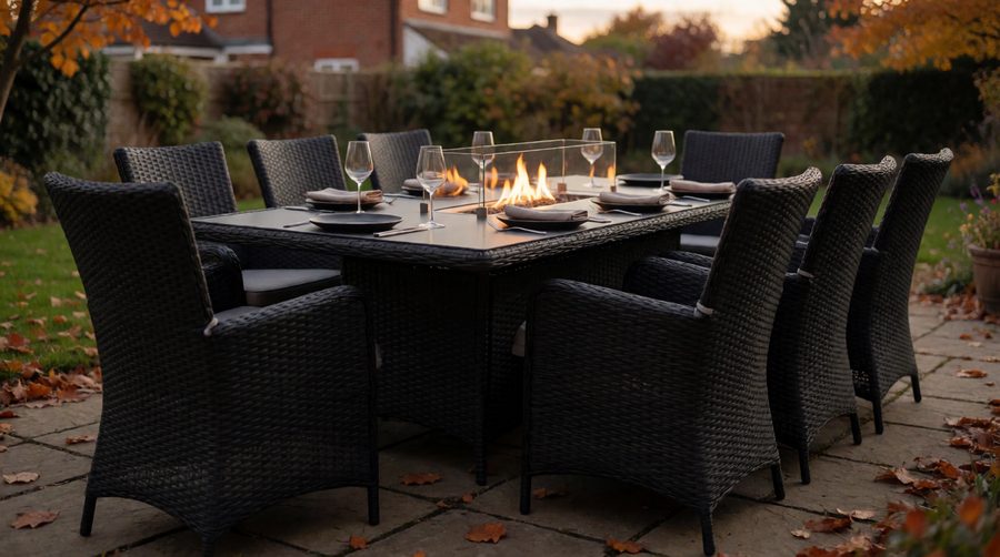 Black rattan fire pit dining set laid for an autumn evening meal on a garden patio