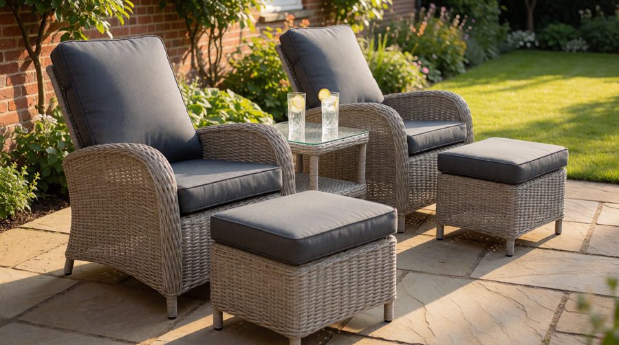 Rattan bistro sets like this pair two grey reclining armchairs with footstools and a glass side table on a stone patio